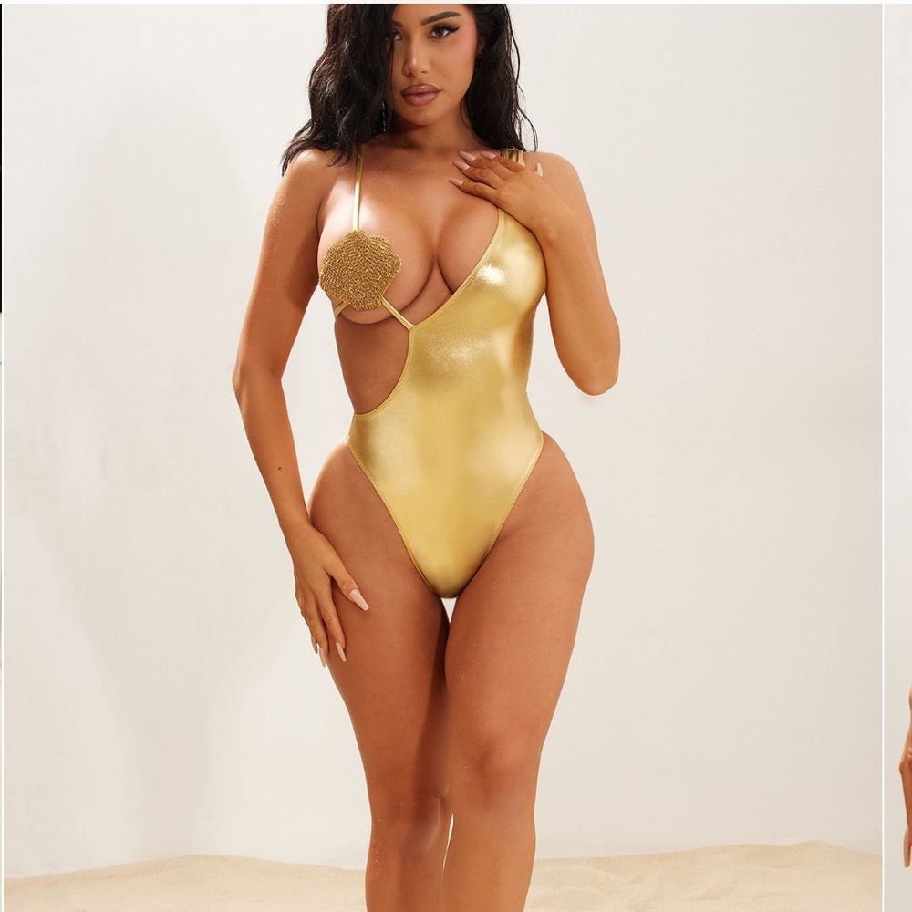 Fashion Nova - Gold Metallic One-Piece Swimsuit